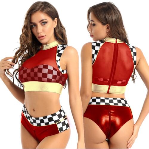 Women Cheerleader Costume Schoolgirl Cheerleading Cosplay Uniforms Crop Top with Patent Leather Briefs Outfit Sports Dancewear