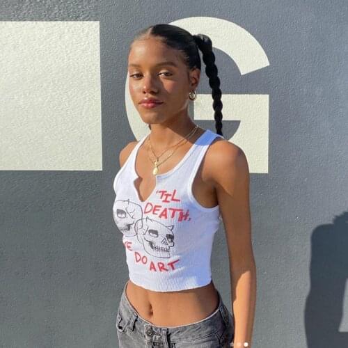 Zoki White Tanks Women Y2K Print Letter Pattern Chic Sleeveless Tops Harajuku Skinny Crop Top Summer Fashion Camis Streetwear