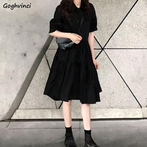 Women Short Sleeve Dress Solid Button Turn-down Collar Knee-length Pleated A-line Korean Style Empire Fashion Harajuku Chic BF