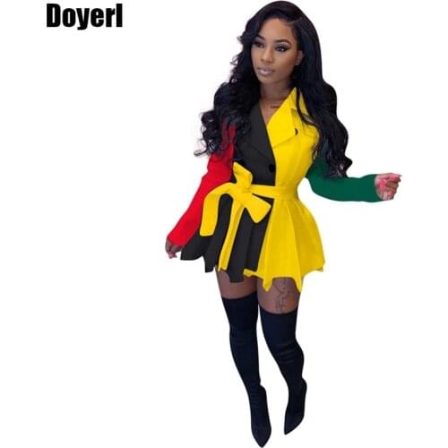 Autumn Winter Dress Women Patchwork Long Sleeve Sexy Pleated Blazer Dress with Belt Night Club Party Short Dresses for Women