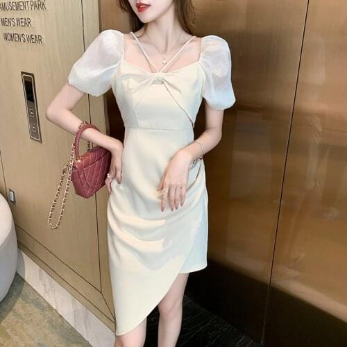 2021 Summer New French Fashion Womens Square Neck Halter Short-sleeved Slim Irregular Mid-length Dress Solid Color Party Dress