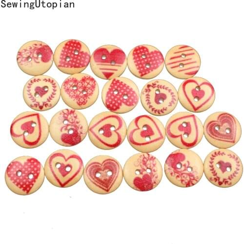 100PCS 15/20MM Heart Cartoon Wooden Buttons for Sewing Scrapbooking Clothing Headwear Handmade Crafts Home Decor Accessories DIY