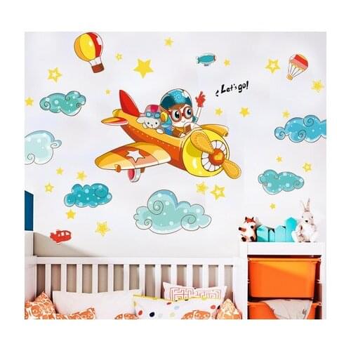 187*76CM Wall Sticker Little Pilot Cartoon Aircraft Kids Room Decoration Kindergarten Classroom Wall Pictures Prints Wall Art