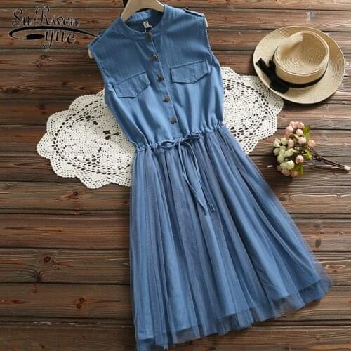 2019 new summer women dress elegant high waist sleeveless blue dress women mesh splice A-Line mini dress womens clothing 3518 50