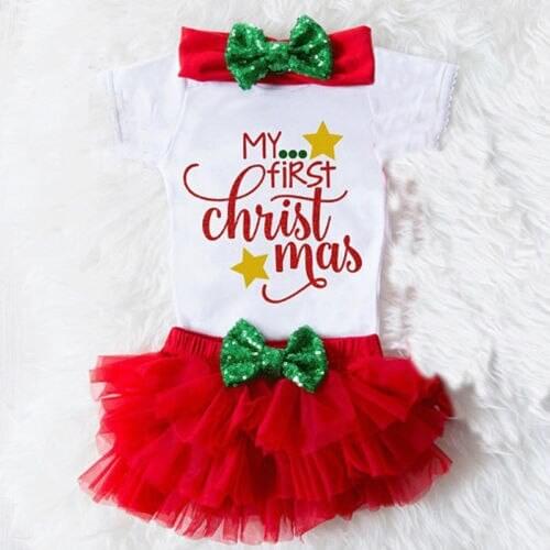 3PCS My First Christmas 2021 Newborn Baby Girls Clothes Short Sleeve Romper Tutu Shorts Cotton Outfits with Headband