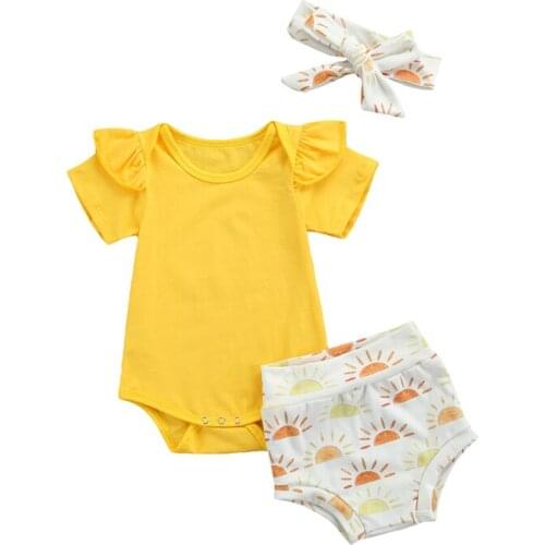 3Pcs Baby Summer Tracksuits Sets Girls Solid Color Short-Sleeve Romper + Sun Print Pantie + Headband Suit Baby Girl 0-18 Months