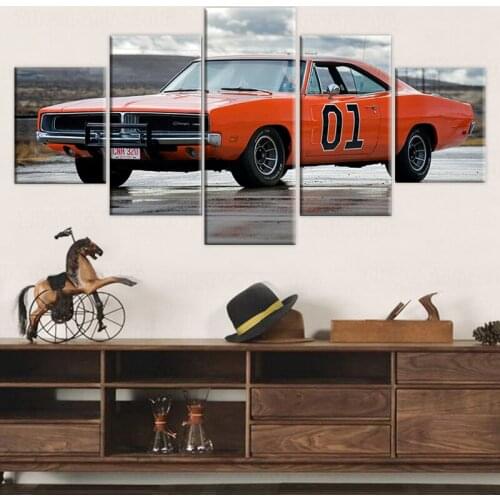 5 Piece 1969 Dodge Charger General Lee Canvas painting Wall Car 1 Poster Pictures for Living Room Home Decor