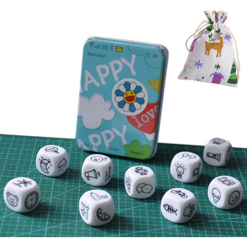 9pcs/set Story Dice Telling Story Board Game Metal Box Family Party Games Friends Parents with Children Funny English Game