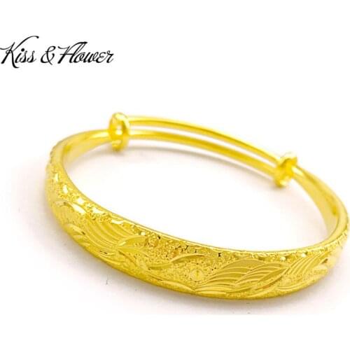 KISS&FLOWER BR64 Fine Jewelry Wholesale Fashion Woman Girl Birthday Wedding Gift Wide Round 24KT Gold Resizable Bracelet Bangle