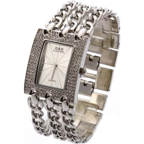 G&D Luxury Brand Womens Watches Quartz Wristwatch Stainless Steel Rhinestone Ladies Bracelet Watches Reloj Mujer Silver Clock