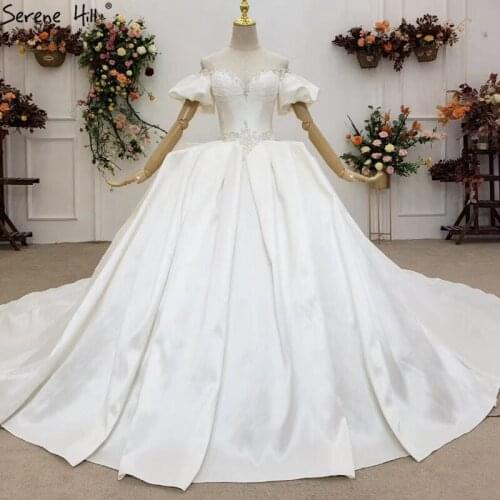 Ivory Puff Short Sleeves Sexy Wedding Dresses 2021 High-end Beading Satin Lace Up Bridal Gowns HX0174 Custom Made