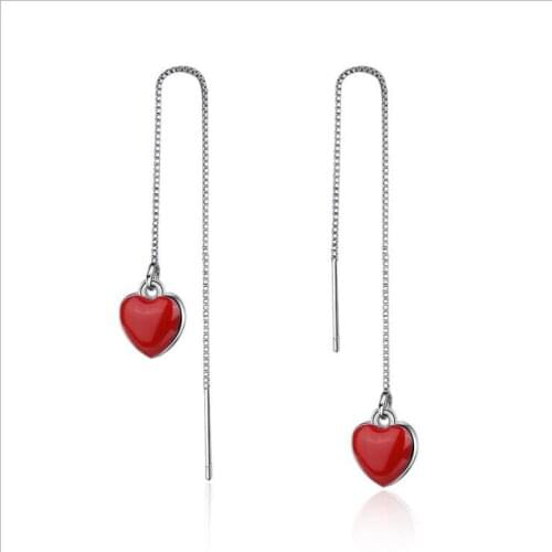 KOFSAC New Fashion 925 Sterling Silver Earrings For Women Cute Red Love Heart Eardrop Ear Line Jewelry Valentines Day Gifts Hot