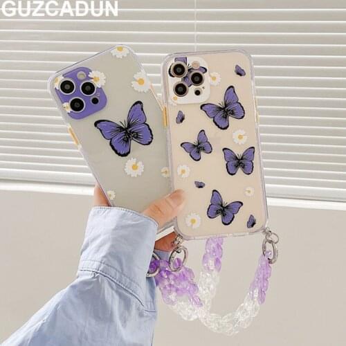 Beautiful Butterfly Silicon Phone Cases for Iphone 12 11 Pro Max Xs Max X Xr 7 8 Plus Soft Clear Cover Hand Strap Chain Fundas