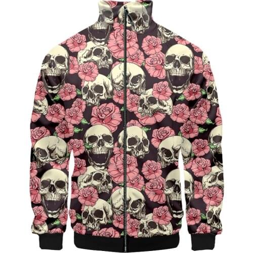 OGKB 3D Stand Collar Jacket Men Skull 3D Printed Pink Flowers Long Sleeves Coat Fashion Tracksuits Harajuku Streetwear Jacket