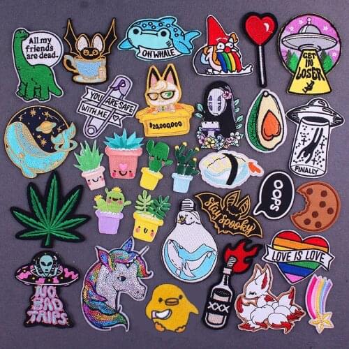 Cartoon Cactus Leaf Animal Patch Cheap Iron On Patches For Clothing FUO Unicorn DIY Embroidery Patches Applique Dinosaur Stripes