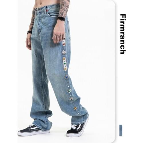 Firmranch Men/Women Retro 2021 New Washed Jewelry Embroidered Light Blue Jeans Casual Straight Leg Denim Loose Long Trousers
