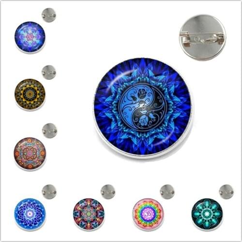 New Fashion Buddha Lotus Brooch 7 Chakra Colorful Mandala Flower of Life Photo Glass Gem Lapel Pin for Yoga Lover Buddhist