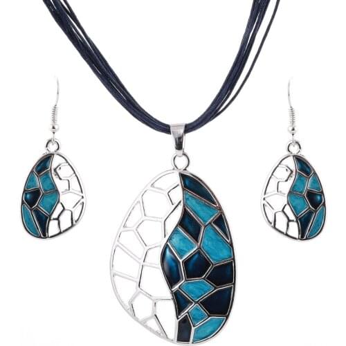 Blue Leather Rope Chain Pendant Necklace Irregular Charm Vintage Women Enamel Hollow Oval Choker Jewelry Sets Christmas Gifts