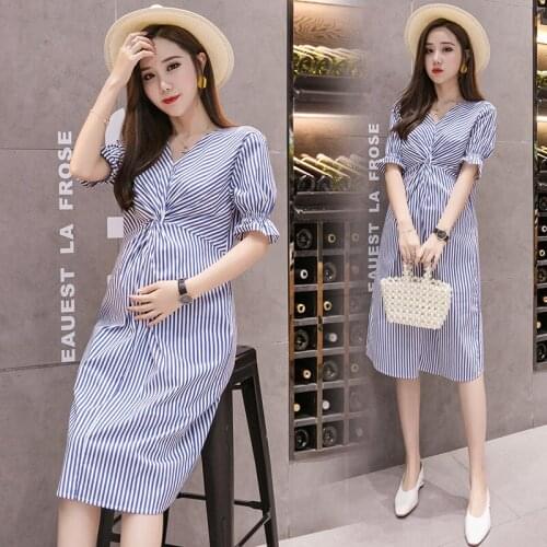 Maternity Dress Summer Korean Fashion V-Neck Slim Clothes for Pregnant Women Stripe Short sleeve Pregnancy Dress