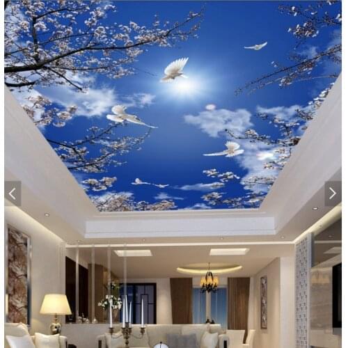 1853 Pigeons flying in the Blue Sky PVC Stretched Ceiling Film For Home decoration