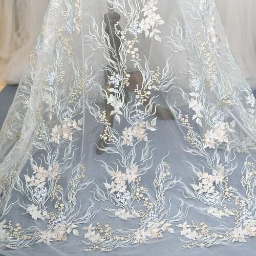Pink blue color high-grade three-dimensional embroidery lace flower wedding dress lace fabric