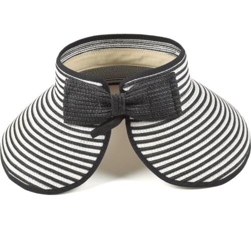 New Cute Ladies Bow Large Brim Womens Summer Striped Sun Beach Hat Foldable Roll Up Straw Lady Visor Hats Cap