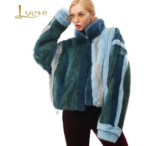 LVCHI 2019 Winter Velvet Mink Fur Coat Women Mandarin Collar Real Fur Coats Short Full Sleeve Patchwork Gradient Mink Fur Coats