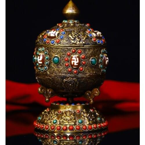 Old Tibetan silver Filigree Gem Dzi Bead Prayer wheel Mani Liberation Wheel Scripture inside Exorcism Ward off evil spirits