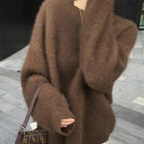 2021 Sweater Full Sleeve Round Collar Thick Knitted Pullovers Jumpers Women Autumn Winter Mink Cashmere Black Loose