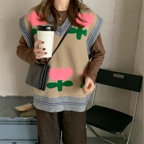 Hit Color Floral Print All-match Spring Vest Sleeveless Knitted Thicken Vest Sweet Retro Outgoing Vest 2021 New Arrivals Tops