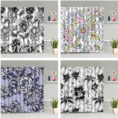 Black White Ink Painting Shower Curtain Beautiful Flower Art Bathroom Accessories Set Bath Screen With Hook Home Decor