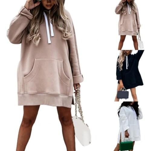 Women Fashion Casual Hoodie Solid Color Drawstring Autumn Winter Large Pocket Side Split Sweatshirt Sportswear Daily Dating
