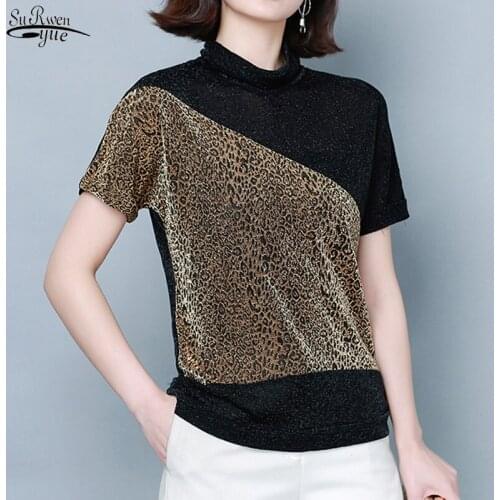 Spring New Womens Fashion Style European Leopard Print Spliced Shirt High Collar Bat Sleeve Bright Silk Bottoming Shirt 12852