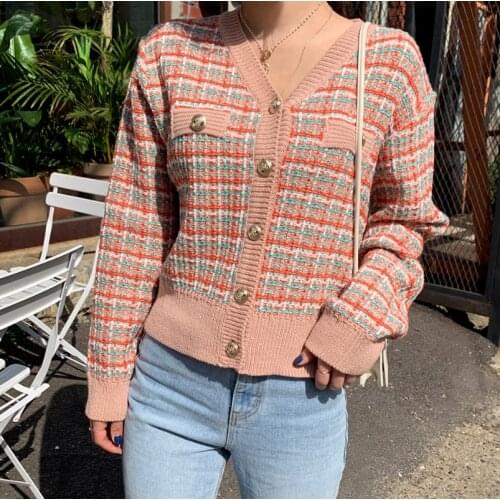 SHIJIA Striped Knitted Cardigans Woman V-neck Autumn Winter New Pink Vintage Sweater Korean Long Sleeve Autumn knit Coat Female