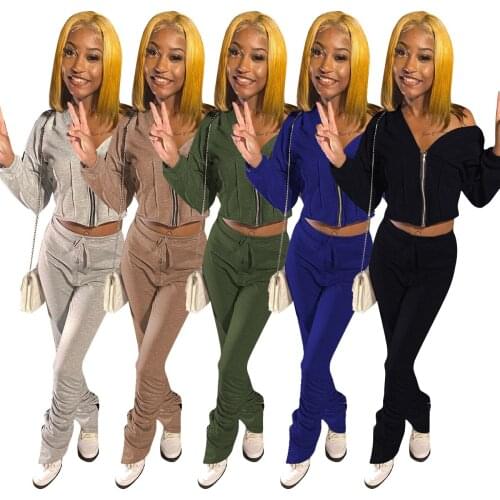 11TS1078 Autumn Winter Women Casual Fashion Solid Zipper Sports Two Piece Set Top and Pants Tracksuit Sweatsuit Outfits Hot 2020