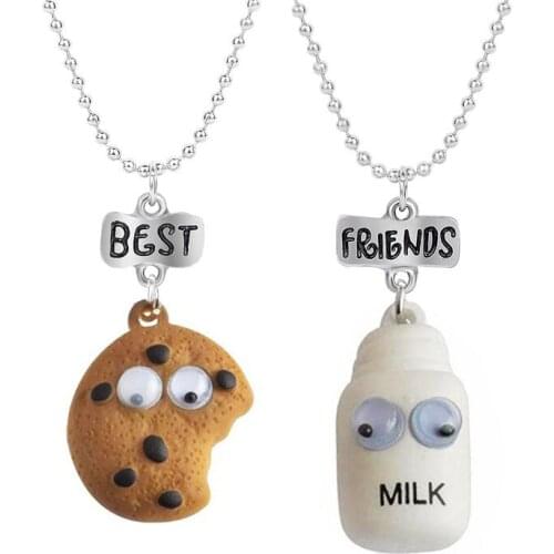 2 Pieces / Set Cute Cookies and Milk Cup Food Pendant Necklace Best Friends Men and Girls Couple Necklaces Birthday Gift Jewelry