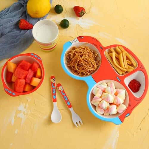 5Pcs/Sets Kids Baby Feeding Set Dishes Fiber Bowl With Cup Spoon Plate Fork Dish Child Utensils Baby Dish Bamboo Tableware