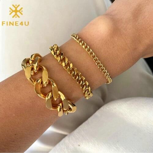 FINE4U B582 Gold Color Curb Cuban Chain Bracelet for Men 3mm 6mm 8mm 12mm Wide Miami Curb Chain Wrist Bracelet
