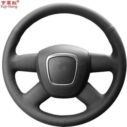 Yuji-Hong Artificial Leather Car Steering Wheel Covers Case for Audi A4 B7 B8 A6 C6 Q5 Q7 Hand-stitched Black Leather Cover