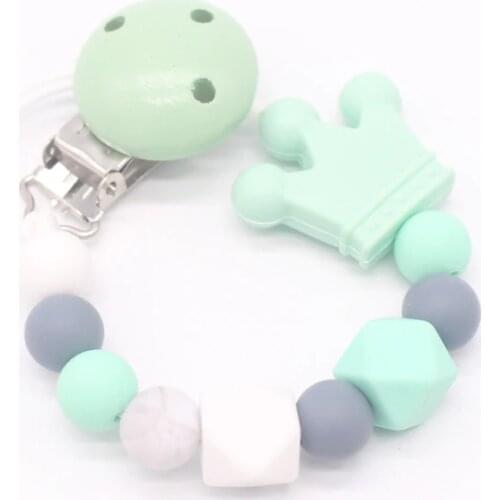 XCQGH Silicone Beads Wood Baby Pacifier Clip Teether Chew Toy Dummy Nipple Teethers Clip Holder Baby Shower Gift