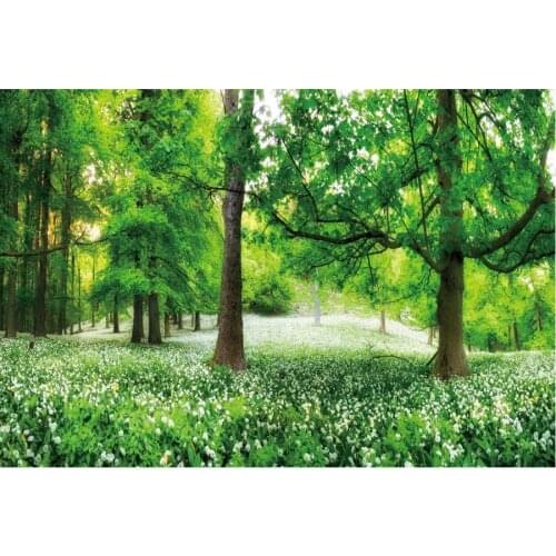 White Flowers and Green Tree Backdrop Holiday Photography Background Celebration Photo Booth Studio Decor