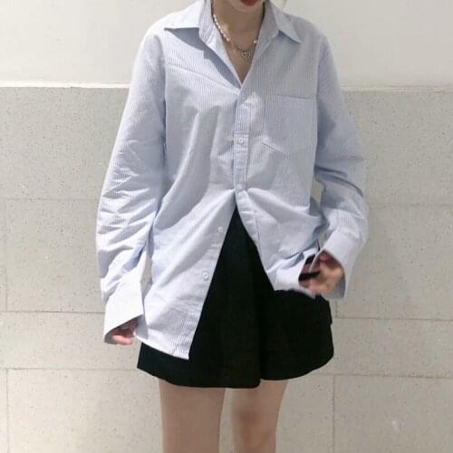 UNUTH Girls Soft Cotton Turn-down Collar T-shirt 2021 Spring-autumn Fashion Ladies High Street T-shirt Female Striped T-shirt