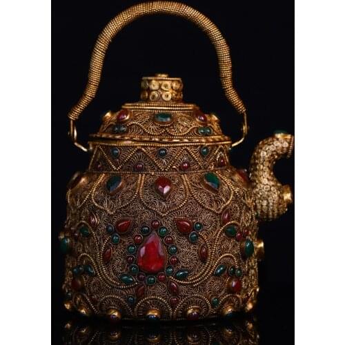 9"Tibetan Temple Collection Old Tibetan silver Filigree mosaic Gem Treasure pot Hidden pot teapot kettle Office Ornaments