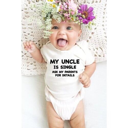 My Uncle Is Single Ask My Parents for Details Summer NewbornBodysuit Infant Baby Boys Girls Funny Print Letter Jumpsuit