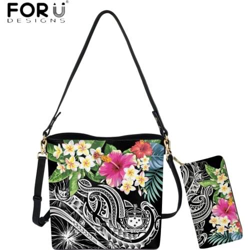 FORUDESIGNS New Arrival PU Leather Women Handbags 2pcs Set Polynesian Samoan Sea Turtle Plumeria Printing Lady Bucket Totes Sac
