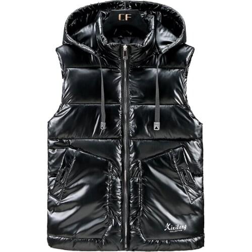 Autumn Glossy Vest Men And Women Sleeveless Waterproof Jacket Hooded Coats Fashion Thick Warm Waistcoat Clothing Plus Size 5XL