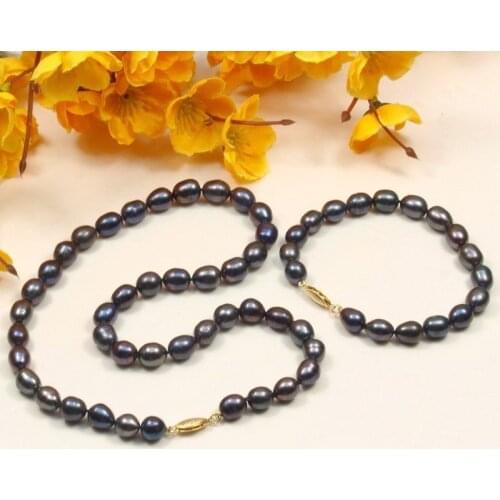 New A set genuine 8-9mm white black cultured oval pearl necklace