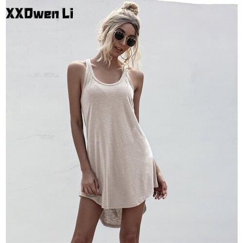 Women Summer Casual Loose Pure Color Cotton Tank Mini Dress Sexy Off Shoulder Asymmetrical Dresses Plus Size clothes Vacation