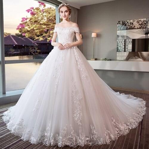 Sexy Boat Neck Royal Train Ball Gown Wedding Dress Luxury Lace Cap Sleeve Lace Up Princess Wedding Gowns