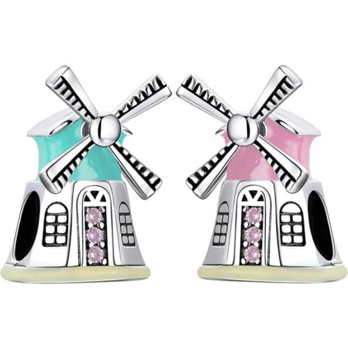Fit Original Pandora Cute Windmill Charms Bracelet Pink Blue Enamel Wind Turbine Beads DIY Jewelry for Women Accessory Kids Gift